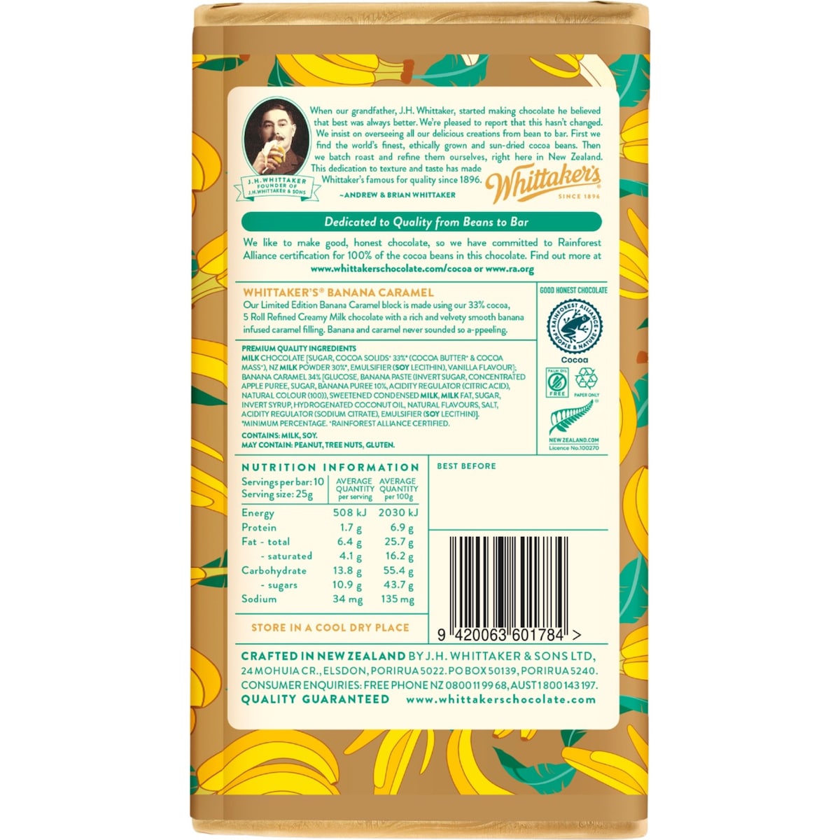 Whittaker's Banana Caramel Chocolate Block 250g