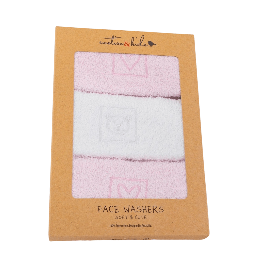 Emotion & Kids Pink Hearts & Teddy Facewasher - 3 Pack