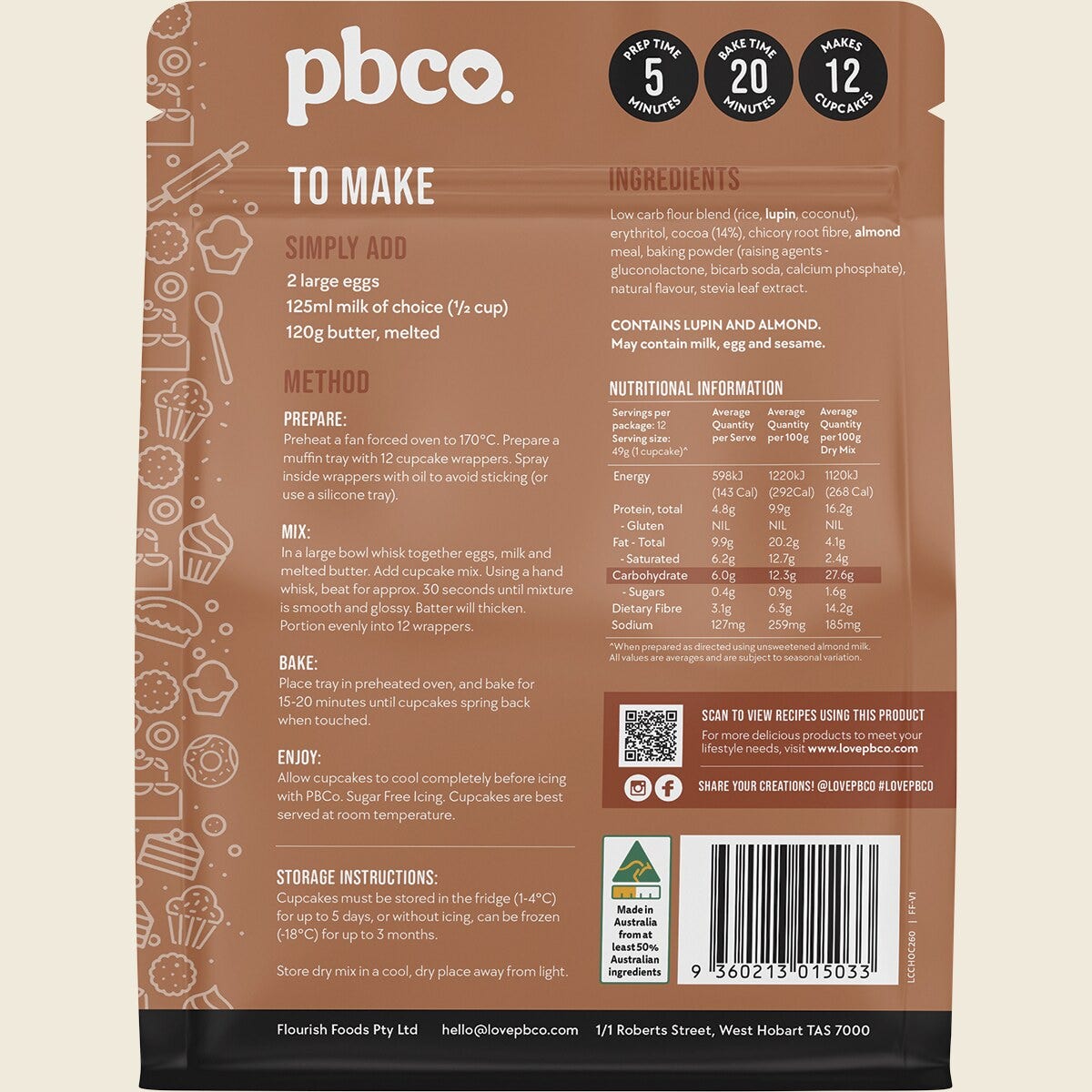 PBco Chocolate Cupcake Mix Low Carb 260g