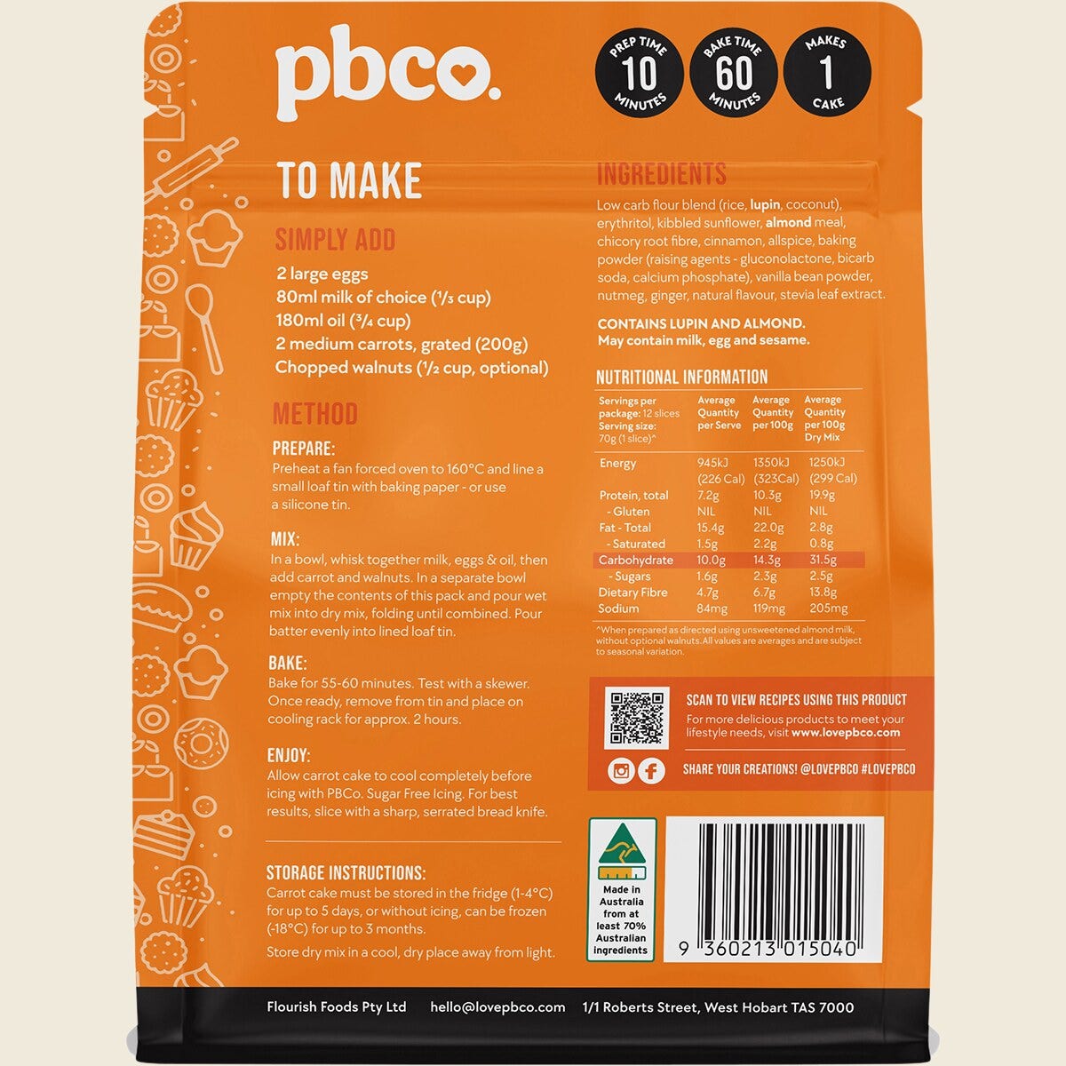 PBco Carrot Cake Mix Low Carb 350g