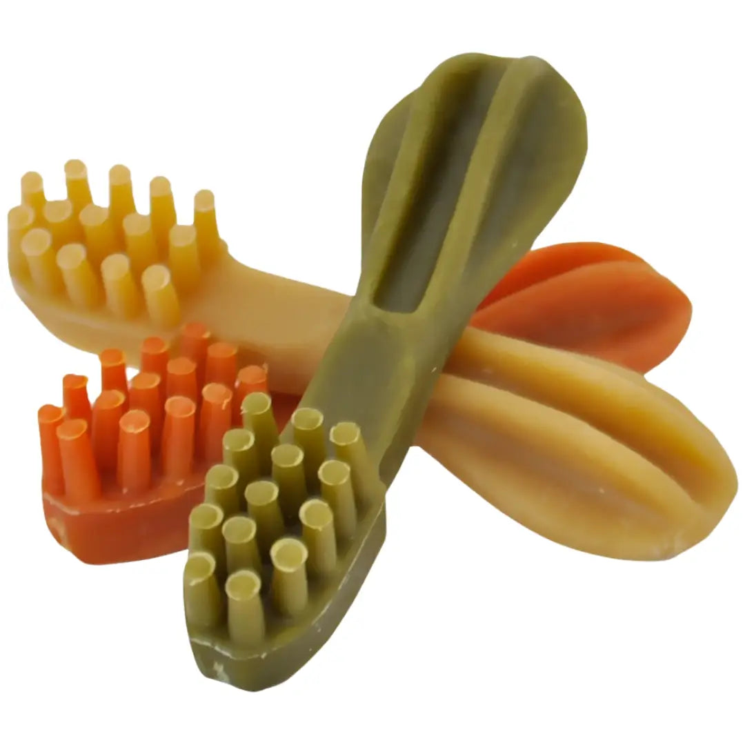 Set of three WHIMZEES Toothbrush in green, orange, and beige on a white background