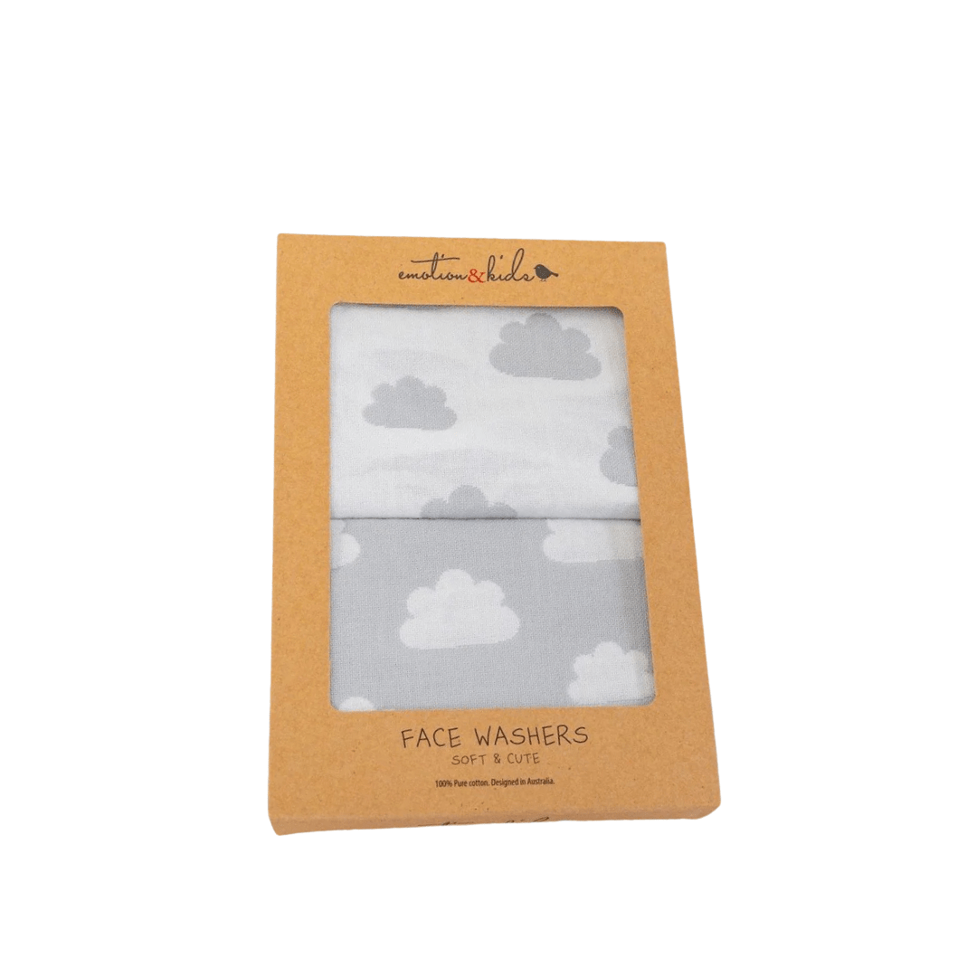 Emotion & Kids Grey Cloud Muslin Face Washers 2pk