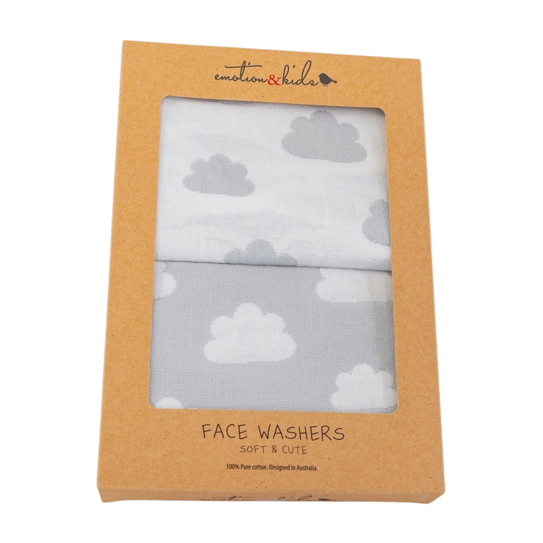 Emotion & Kids Grey Cloud Muslin Face Washers 2pk