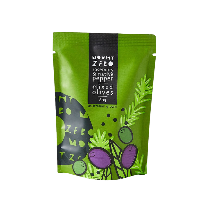 Mount Zero Pepperberry and Rosemary Marinated Mixed Olives - 80g