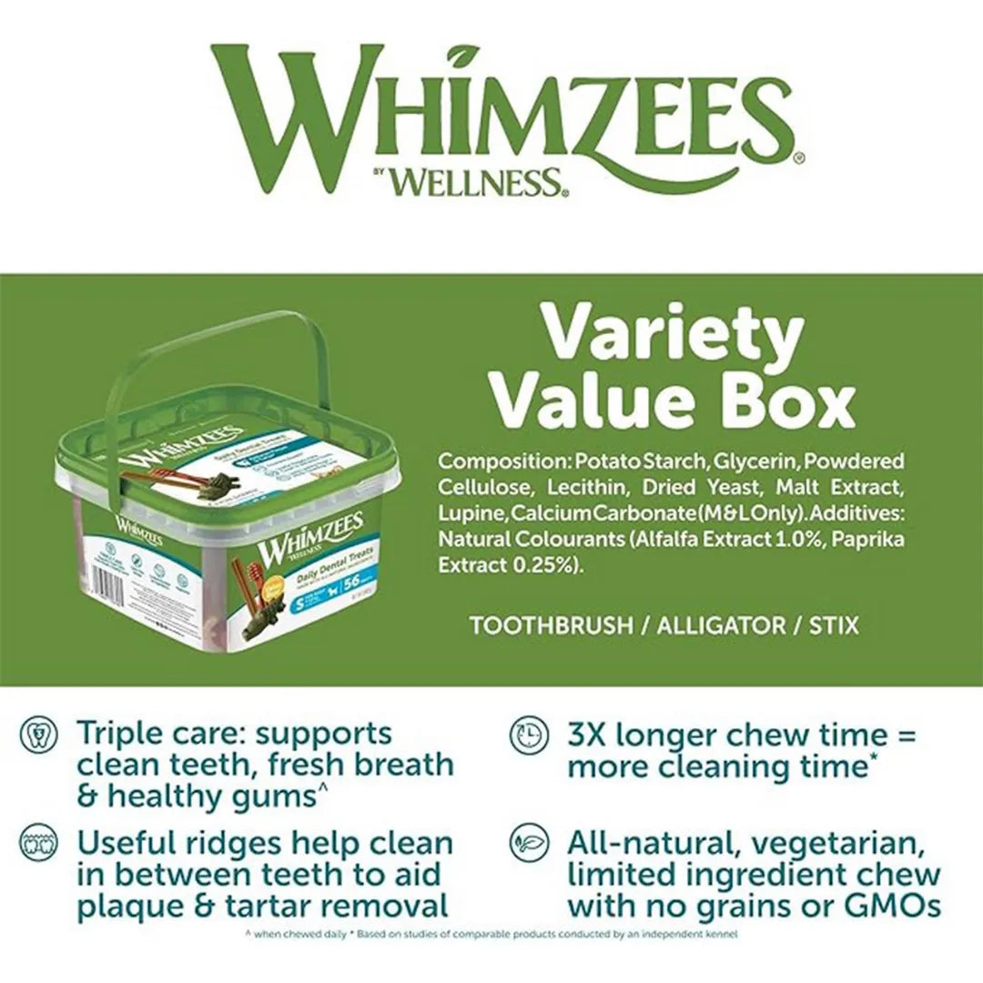 Whimzees Variety Value Box Toothbrush S 56 Pack infor