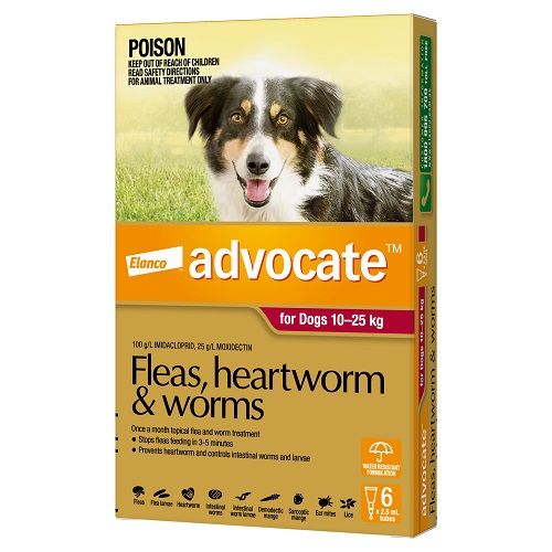 Advocate flea, heartworm, and worm treatment packaging for dogs with a dog image on a grass background.